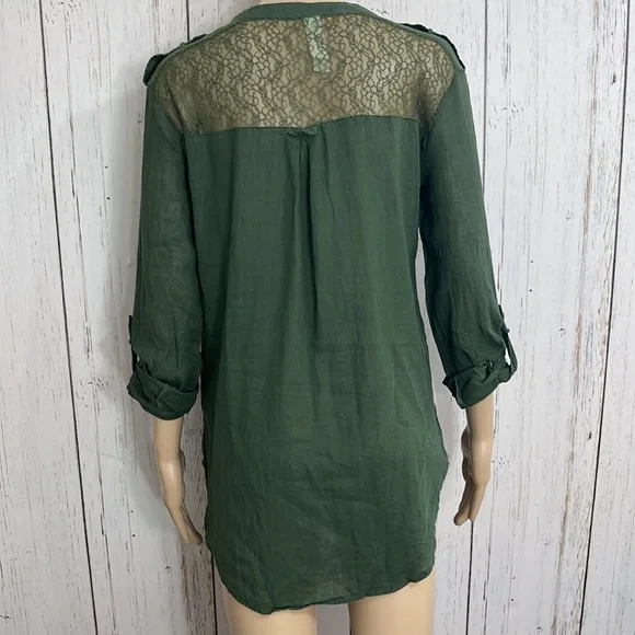 Free People Green Linen Cotton Blend Long Sleeves Army Green Top Lace Bodice - Picture 2 of 11